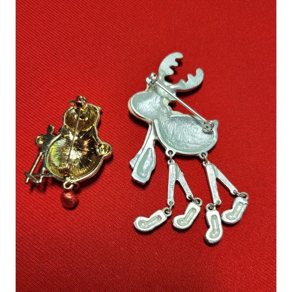 Christmas Pins Brooches Set of 2 Christmas Rudolph Reindeer Skiing Snowman Pins - Picture 5 of 10